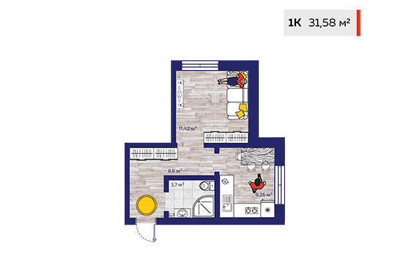 1-комнатная квартира 31,58 м² в ЖК Новые снегири. Планировка