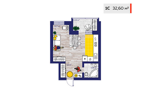 Студия 32,60 м² в ЖК Новые снегири. Планировка