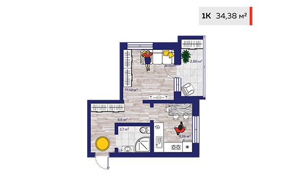 1-комнатная квартира 34,38 м² в ЖК Новые снегири. Планировка