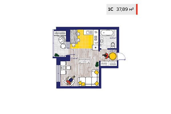 Студия 37,89 м² в ЖК Новые снегири. Планировка