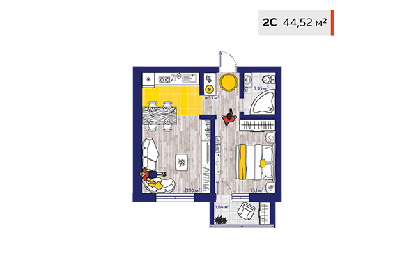 2-комнатная квартира 44,52 м² в ЖК Новые снегири. Планировка