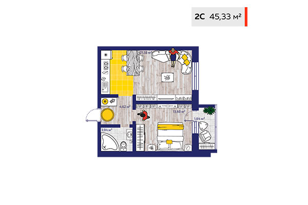 2-комнатная квартира 45,33 м² в ЖК Новые снегири. Планировка