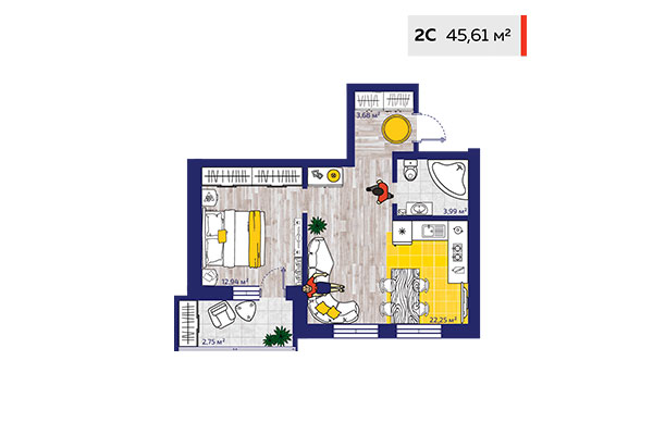 2-комнатная квартира 45,61 м² в ЖК Новые снегири. Планировка