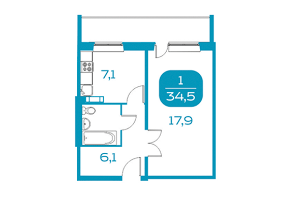 1-комнатная квартира 34,50 м² в Аквамарин. Квартал у реки. Планировка