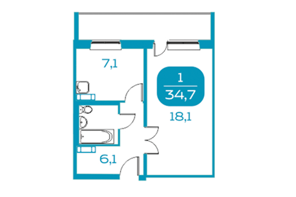 1-комнатная квартира 34,70 м² в Аквамарин. Квартал у реки. Планировка