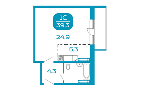Студия 39,30 м² в Аквамарин. Квартал у реки. Планировка