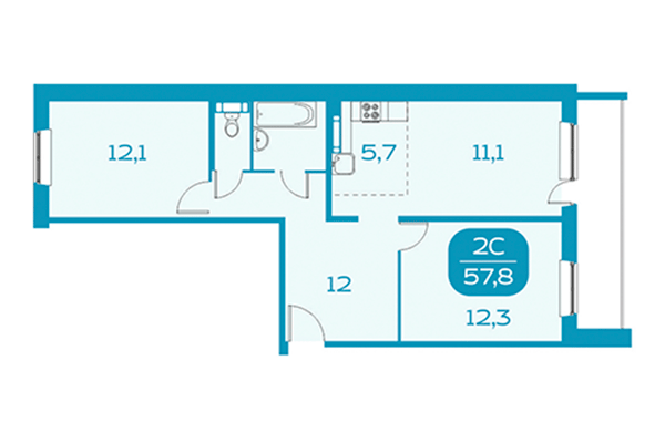 2-комнатная квартира 57,80 м² в Аквамарин. Квартал у реки. Планировка