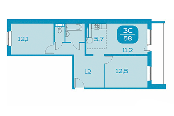 3-комнатная квартира 58,00 м² в Аквамарин. Квартал у реки. Планировка