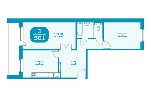 2-комнатная квартира 58,10 м² в Аквамарин. Квартал у реки. Планировка