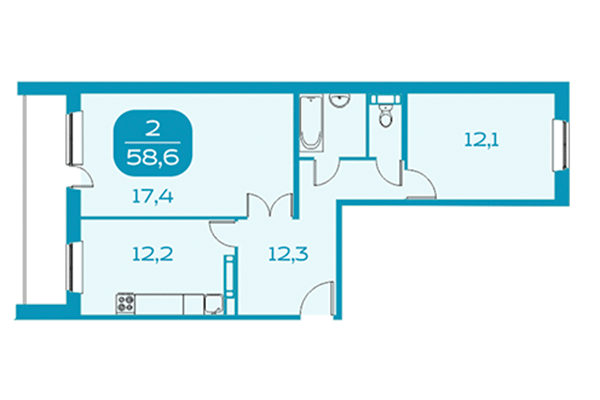 2-комнатная квартира 58,60 м² в Аквамарин. Квартал у реки. Планировка