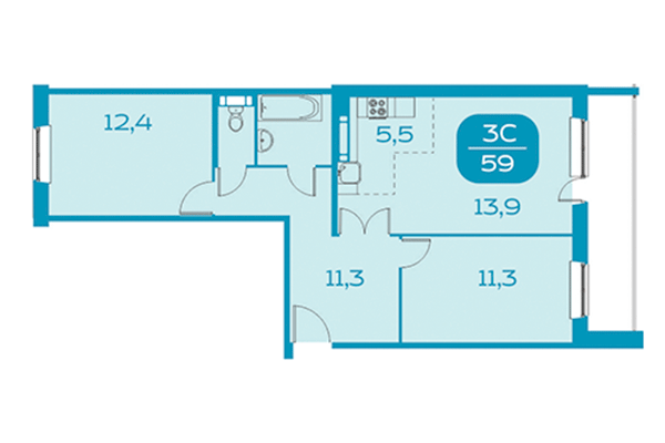 3-комнатная квартира 59,00 м² в Аквамарин. Квартал у реки. Планировка