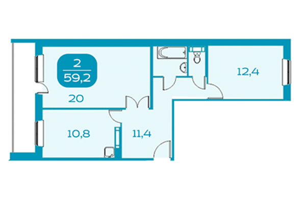 2-комнатная квартира 59,20 м² в Аквамарин. Квартал у реки. Планировка