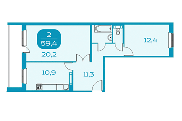 2-комнатная квартира 59,40 м² в Аквамарин. Квартал у реки. Планировка