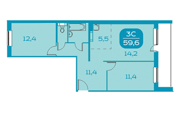 3-комнатная квартира 59,60 м² в Аквамарин. Квартал у реки. Планировка