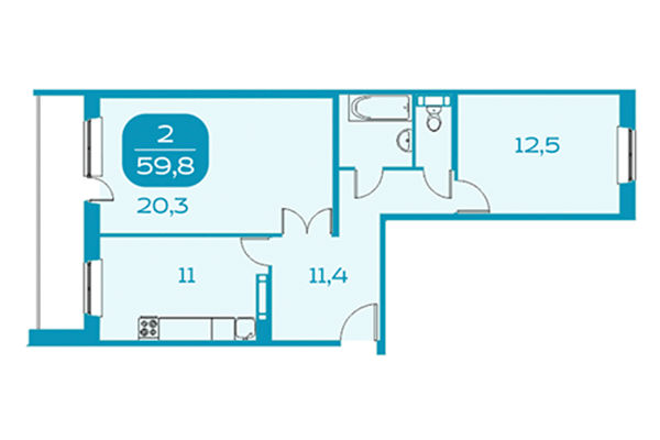 2-комнатная квартира 59,80 м² в Аквамарин. Квартал у реки. Планировка