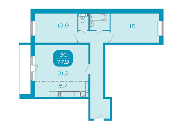 3-комнатная квартира 77,90 м² в Аквамарин. Квартал у реки. Планировка