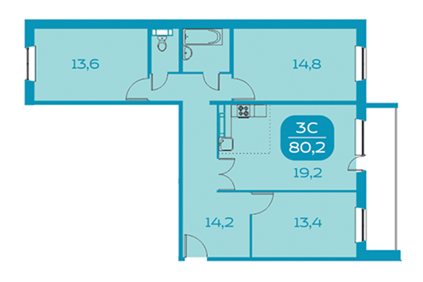 3-комнатная квартира 80,20 м² в Аквамарин. Квартал у реки. Планировка