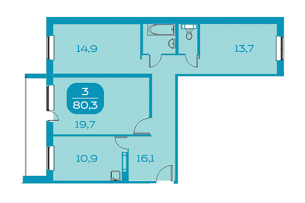 3-комнатная квартира 80,30 м² в Аквамарин. Квартал у реки. Планировка