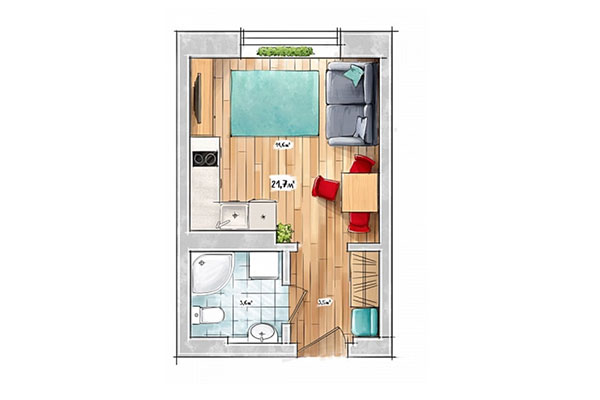 Студия 21,70 м² в ЖК БонАпарт. Планировка