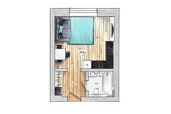 Студия 24,50 м² в ЖК БонАпарт. Планировка