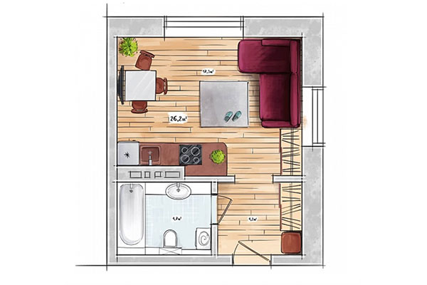 Студия 26,20 м² в ЖК БонАпарт. Планировка