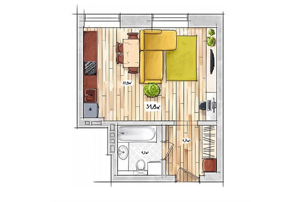 Студия 31,80 м² в ЖК БонАпарт. Планировка