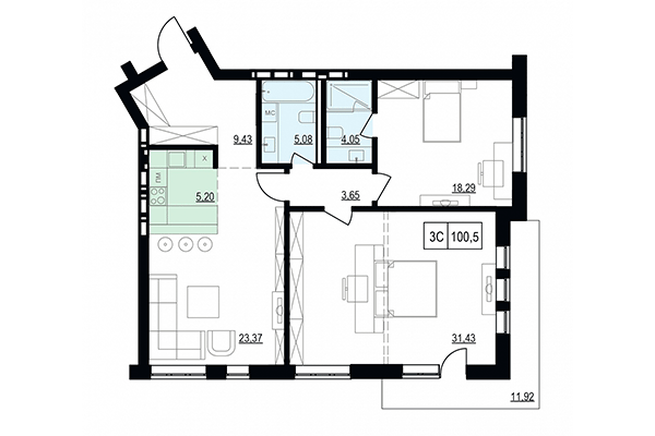 3-комнатная квартира 100,50 м² в ЖК Жуковка. Планировка