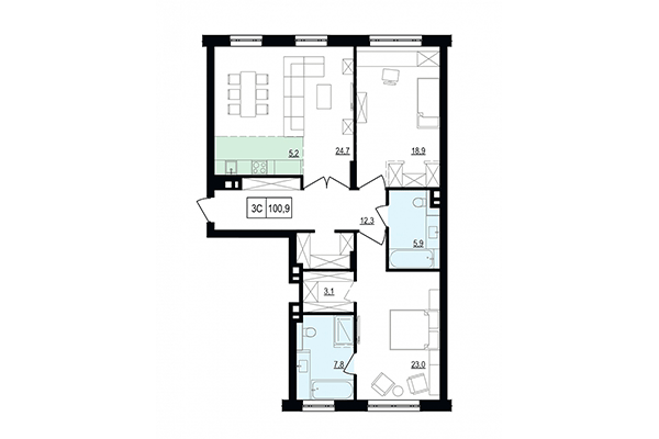 3-комнатная квартира 100,90 м² в ЖК Жуковка. Планировка