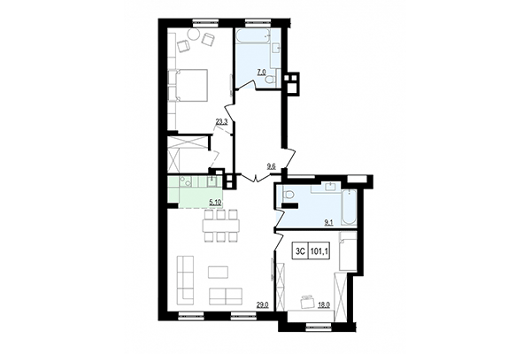 3-комнатная квартира 101,10 м² в ЖК Жуковка. Планировка