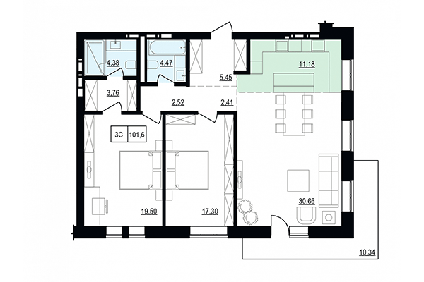 3-комнатная квартира 101,60 м² в ЖК Жуковка. Планировка