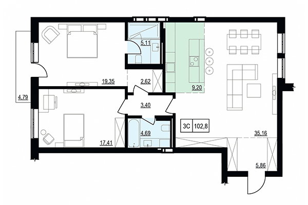 3-комнатная квартира 102,80 м² в ЖК Жуковка. Планировка