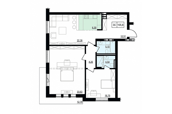 3-комнатная квартира 105,80 м² в ЖК Жуковка. Планировка