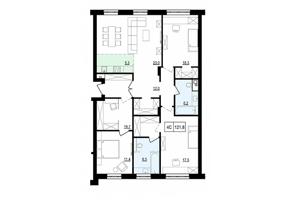 4-комнатная квартира 121,80 м² в ЖК Жуковка. Планировка