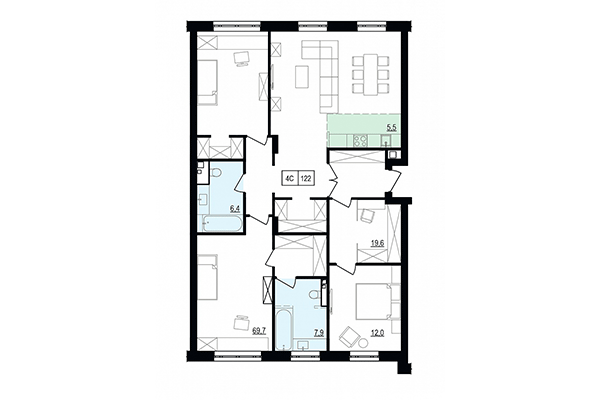 4-комнатная квартира 122,00 м² в ЖК Жуковка. Планировка