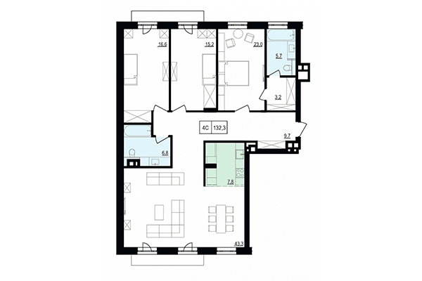 4-комнатная квартира 132,30 м² в ЖК Жуковка. Планировка