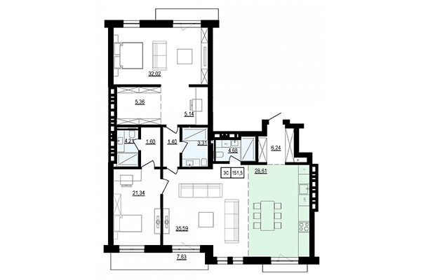 3-комнатная квартира 151,50 м² в ЖК Жуковка. Планировка