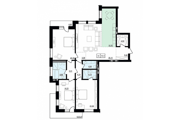 4-комнатная квартира 154,30 м² в ЖК Жуковка. Планировка