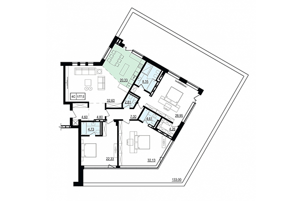 4-комнатная квартира 177,50 м² в ЖК Жуковка. Планировка