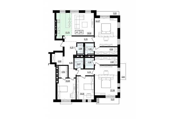 4-комнатная квартира 181,01 м² в ЖК Жуковка. Планировка