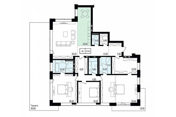 4-комнатная квартира 214,50 м² в ЖК Жуковка. Планировка