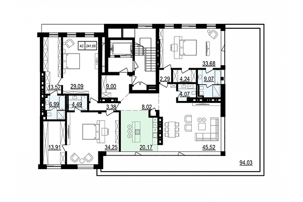 4-комнатная квартира 241,68 м² в ЖК Жуковка. Планировка