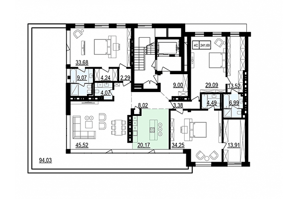 4-комнатная квартира 241,69 м² в ЖК Жуковка. Планировка