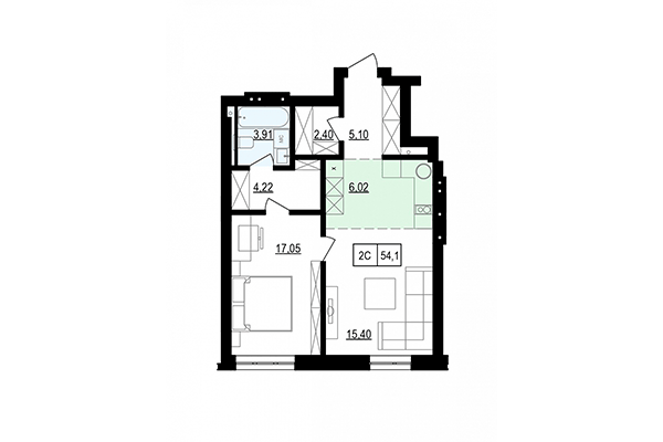 1-комнатная квартира 54,10 м² в ЖК Жуковка. Планировка