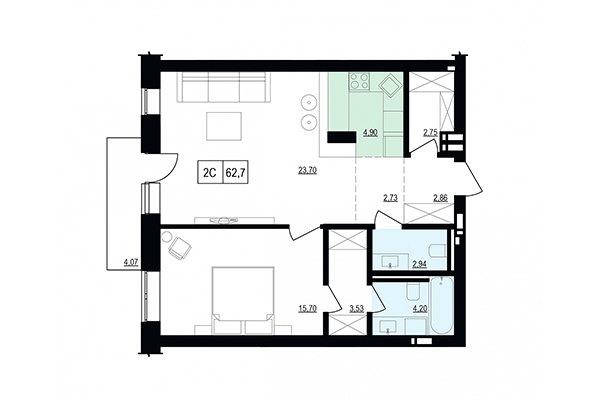 2-комнатная квартира 62,70 м² в ЖК Жуковка. Планировка