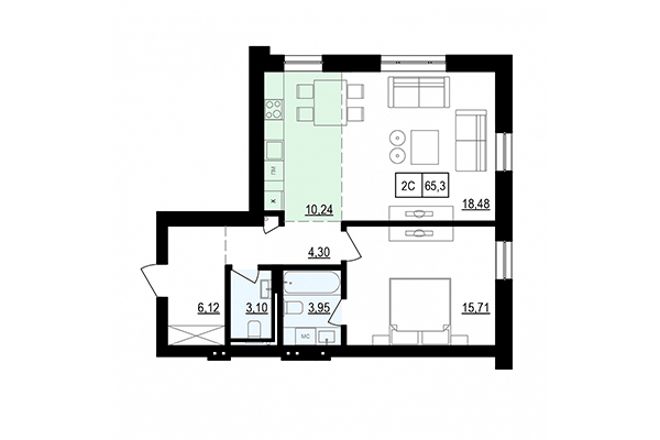 2-комнатная квартира 65,30 м² в ЖК Жуковка. Планировка