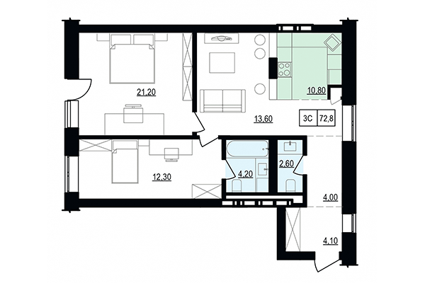 3-комнатная квартира 72,80 м² в ЖК Жуковка. Планировка