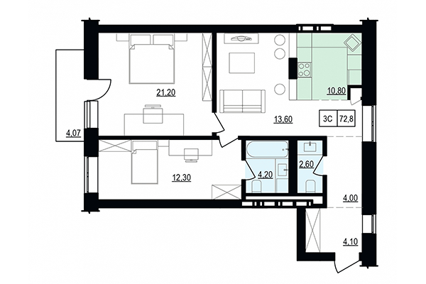 3-комнатная квартира 72,81 м² в ЖК Жуковка. Планировка