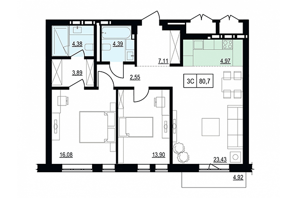 3-комнатная квартира 80,70 м² в ЖК Жуковка. Планировка