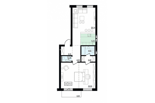 2-комнатная квартира 81,90 м² в ЖК Жуковка. Планировка