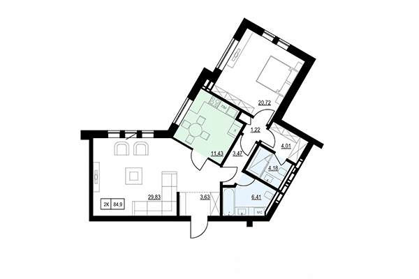 2-комнатная квартира 84,90 м² в ЖК Жуковка. Планировка